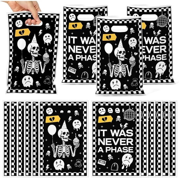 50 Piece Emo Party Favor Bags Black White Checkered Lightning Skull Theme