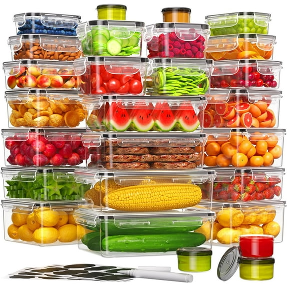 50-Piece Food Storage Containers with Lids(25 Containers & 25 Lids), Plastic Food Containers for Pantry & Kitchen Storage and Organization, BPA-Free, Leak Proof, Reusable with Labels & Pen