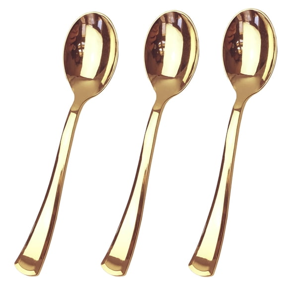 50 Piece Gold Reusable Plastic Spoons Bulk Set, Gold Plastic Cutlery Set, Heavy Duty Utensils for Party & Wedding, Gold Plastic Flatware