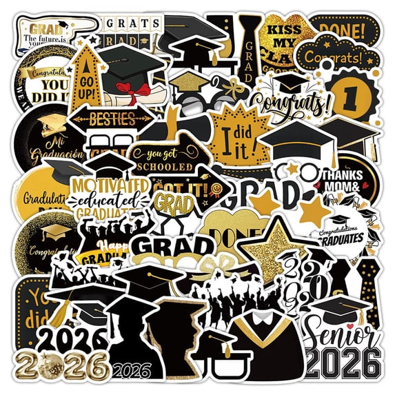 50-Piece Graduation Sticker Set, Class of 2026 Assorted Decals for Yearbook Signing, Luggage, Laptop, Party Favors