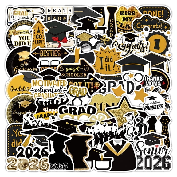 50-Piece Graduation Sticker Set, Class of 2026 Assorted Decals for Yearbook Signing, Luggage, Laptop, Party Favors