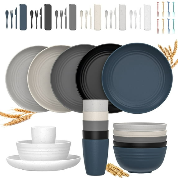 GPED 50 Piece Kitchen Wheat Straw Dinnerware Set, Service for 6, Plates and Bowls Sets, Unbreakable Plastic Outdoor Camping Dishes Sets, Dishwasher Microwave Safe Dinnerware