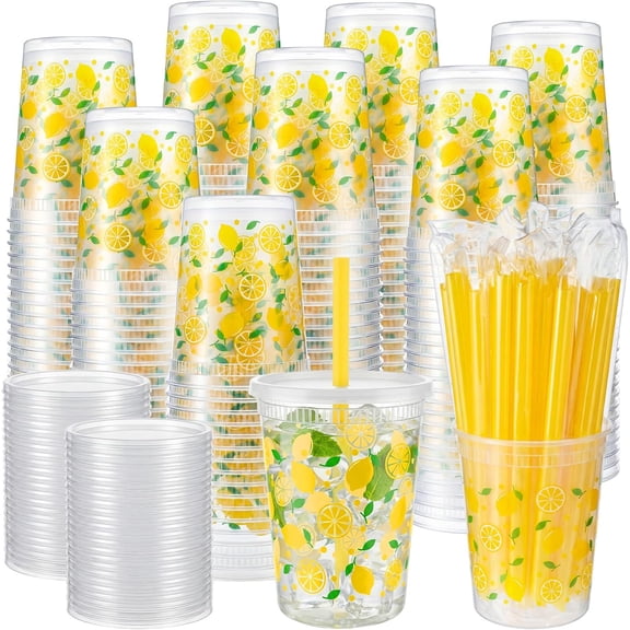 50 Piece Lemonade Stand Kit with 32 oz Lemon Printed Cups Lids and 9 Inch Straws