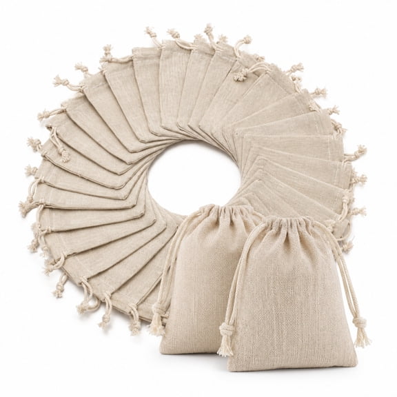 50 Piece Linen Jute Drawstring Gift Bags, Small Muslin Bags, Reusable Fabric Favor Pouches, Wedding Party Gifts, Holiday Supplies