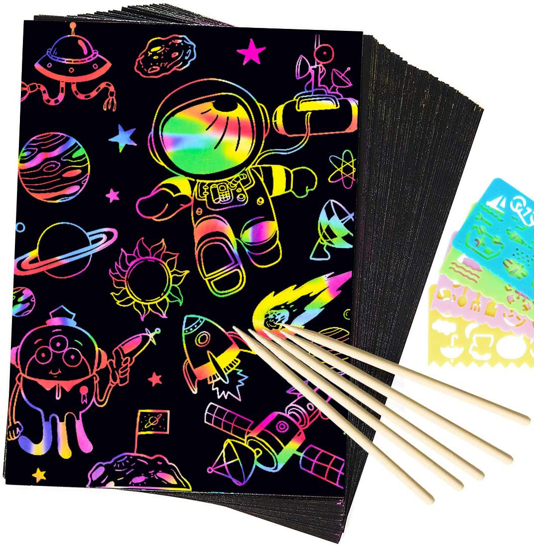 50 Piece Rainbow Scratch Paper - 5 Wooden Styluses Included - 4 Drawing  Stencils-Create Rainbow Scratch Paper Art with This Jumbo Craft Pack