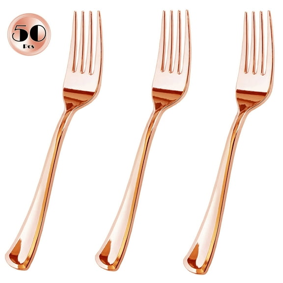 50 Piece Rose Gold Plastic Forks Set - Reusable and Recyclable - Rose Gold Plastic Forks for Weddings, Anniversaries, Showers, Parties - Elegant and Sturdy Utensils by JL Prime