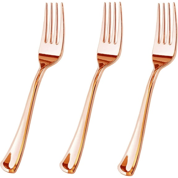 50 Piece Rose Gold Plastic Forks Set - Reusable and Recyclable - Rose Gold Plastic Forks for Weddings, Anniversaries, Showers, Parties - Elegant and Sturdy Utensils by