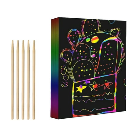 50 Piece Scratch Paper Art Set for Kids with Wooden Stylus - Black Scratch Off Paper for Creative Arts and Crafts - Ideal for Travel and Family Road Trips