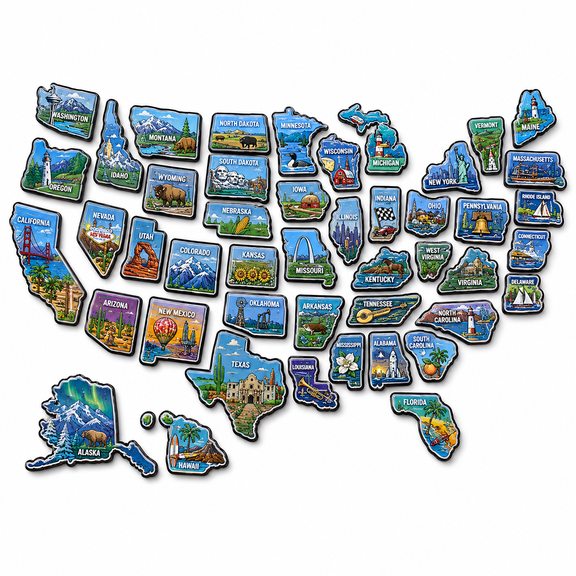 50-Piece United States Map Fridge Magnet Set, Individual State Travel Magnets for Refrigerator, RV Camper, Trip Tracker and Gift