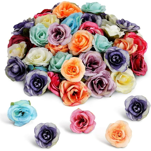 50 Pieces 1.6 Inch Faux Flower Heads in Bulk, Mini Artificial Flowers Heads, Faux Silk Roses Blossom Heads Multicolor DIY Rose for Crafts Wedding Garland Decor