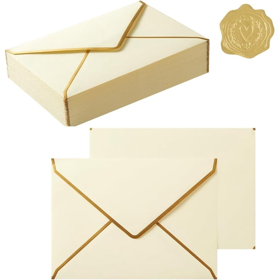 50 Pieces A4 Envelopes with Gold Border, 4.25 x 6.25 Inches Envelopes with Gold Stickers for Greeting Cards and Invitation (Cream Color, A4-4x6)