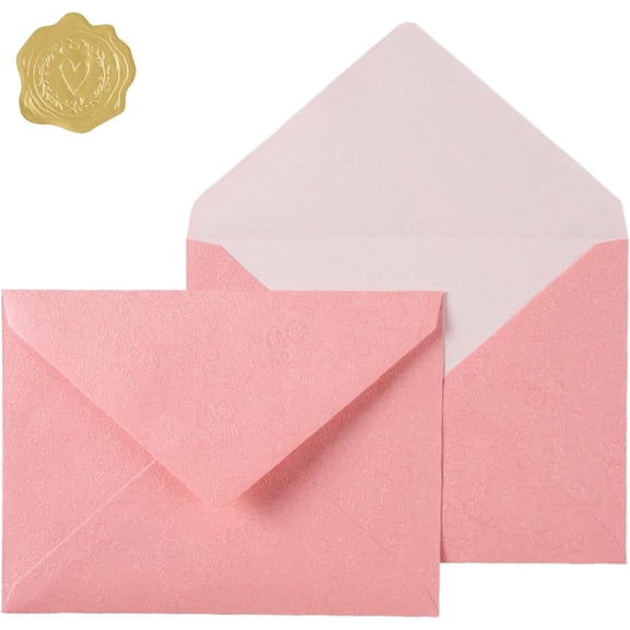 50 Pieces A7 Envelopes 5x7, Pink, Flower Pattern, Luxury Mailing Envelopes with Gold Stickers for Invitations, Wedding, Graduation, Baby Shower