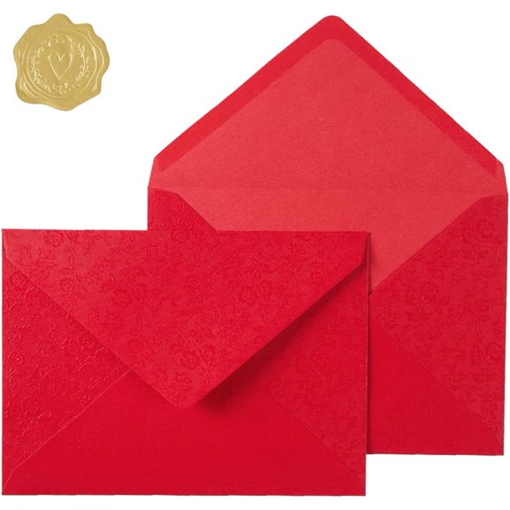 50 Pieces A7 Envelopes 5x7, Red, Flower Pattern, Luxury Mailing Envelopes with Gold Stickers for Invitations, Wedding, Graduation, Baby Shower