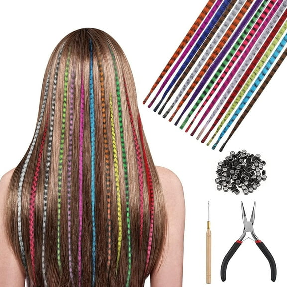 50PCS Colored Hair Feather Extension, Colored Synthetic Hair Pieces for Women, Hairpieces Hair Braiding Kit Crochet Hook Hair Extensions Pliers with 100 Beads for Girls Women