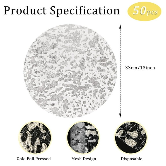 50 Pieces Disposable Placemats Set, 13 Inch Metallic Round Foil Mesh Pressed Table Doilies Paper Placemats for Wedding Birthday Party Dining Table