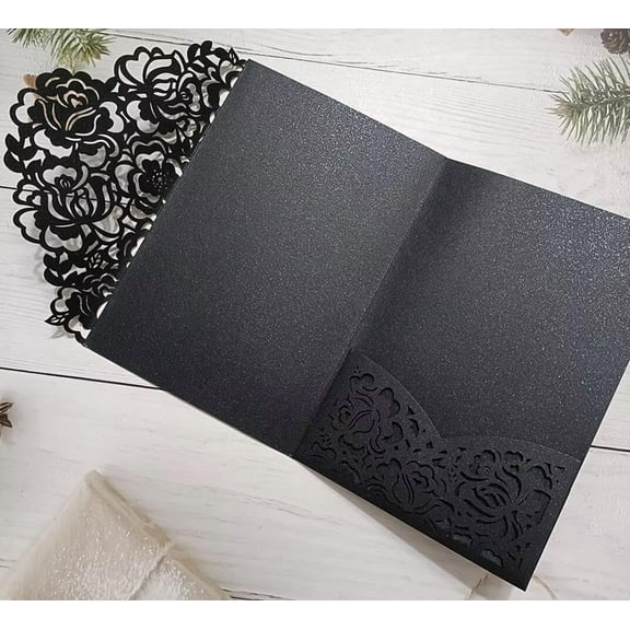 50 Pieces Black Shimmer Rose Floral Laser Cut Paper Invitation Card For Wedding Quinceanera Invitation Jacket