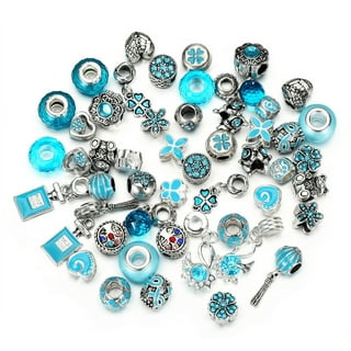50pcs Assorted Blue Resin Imitation Glass European Large Hole Beads Rhinestone Metal Spacer Charms Bead Assortments for DIY Crafts Bracelets
