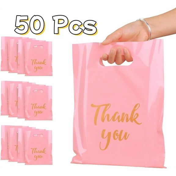 50 Pieces GIXUSIL Plastic Shopping Bags for Small Business Pink Gift Bags with Handles Merchandise Bags with Gold Thank You Logo for Party Stores Business Gift Supplies (8 x 12 inch)