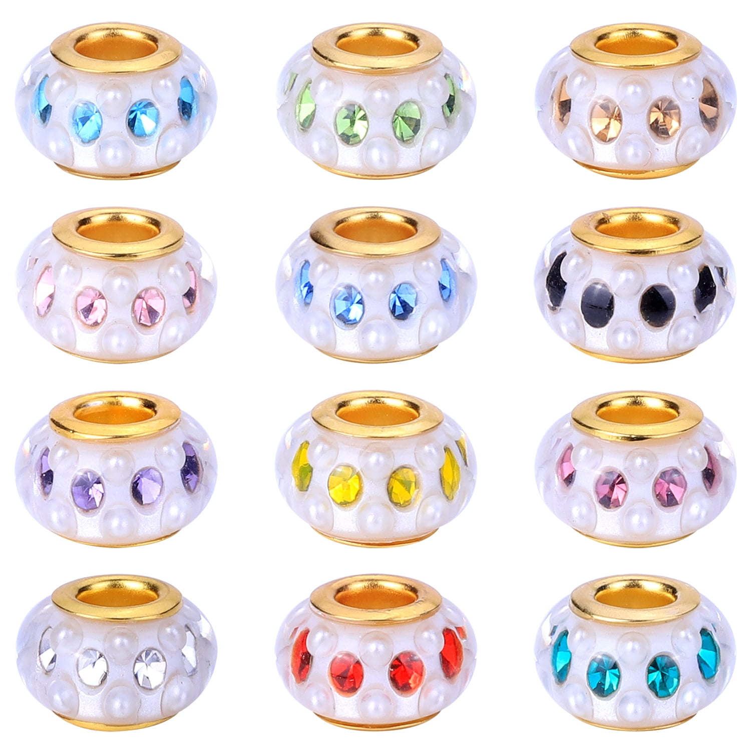50 Pieces Girls' Lucky Beads Lover Amber Beads, Large Hole Spacer Beads European Craft Murano Beads for DIY Charms Bracelet Jewelry Making(Golden core+Mixed Rhinestones)