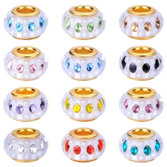 50 Pieces Girls' Lucky Beads Lover Amber Beads, Large Hole Spacer Beads European Craft Murano Beads for DIY Charms Bracelet Jewelry Making(Golden core Mixed Rhinestones)