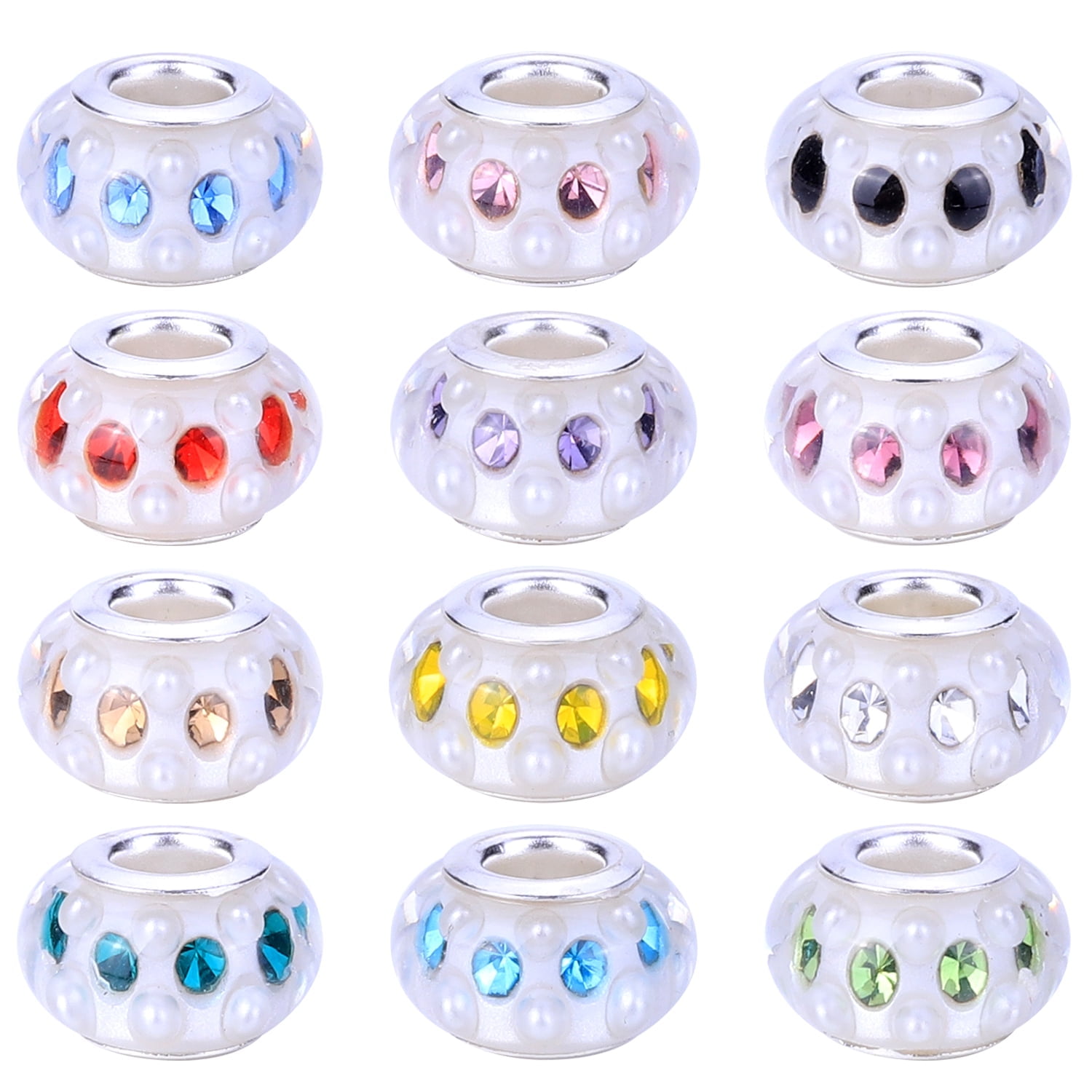 AIPRIDY 50 Pcs Girls' Lucky Lover Amber Beads, Large Hole Spacer,European Craft Murano Beads for DIY Charms Bracelet Jewelry Making(Silver+mixed)