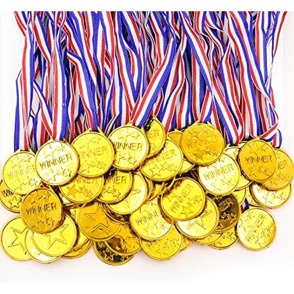 50 Pieces Gold Plastic Winner Award Medals with Ribbon Necklaces for Sports,Games,Competition,Students Rewards,Talent Show,Parties,Party Favors or Decor$$Gift Supply & Awards