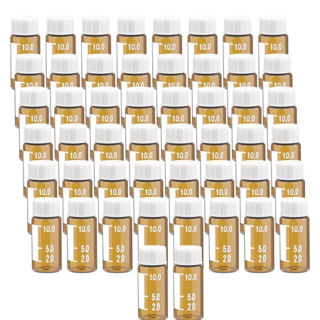 50 Pieces Graduated Glass Sample Vial, Liquid Sampling Small Glass Bottle with Writing Patch and White Plastic Screw Caps (10ML, Brown)