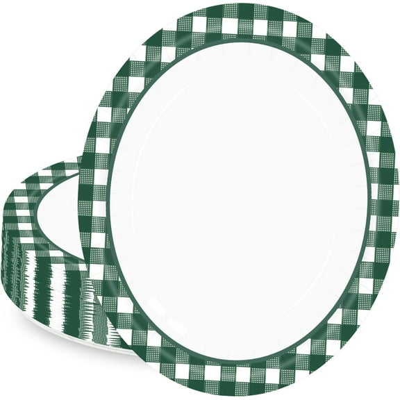 50 Pieces Green Gingham Oval Paper Plates 10 X 12 Inch Green and White Plates Disposable Dinner Plates for Picnic Wedding Baby Shower Birthday Party Dessert Plates