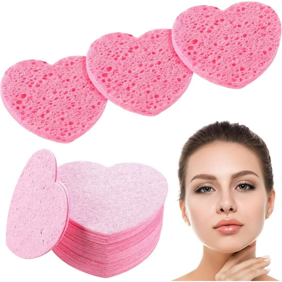 50 Pieces Heart Shape Facial Sponges Compressed Natural Sponge Facial Scrub Sponge for Face Cleansing Exfoliating and Makeup Removal (Pink)