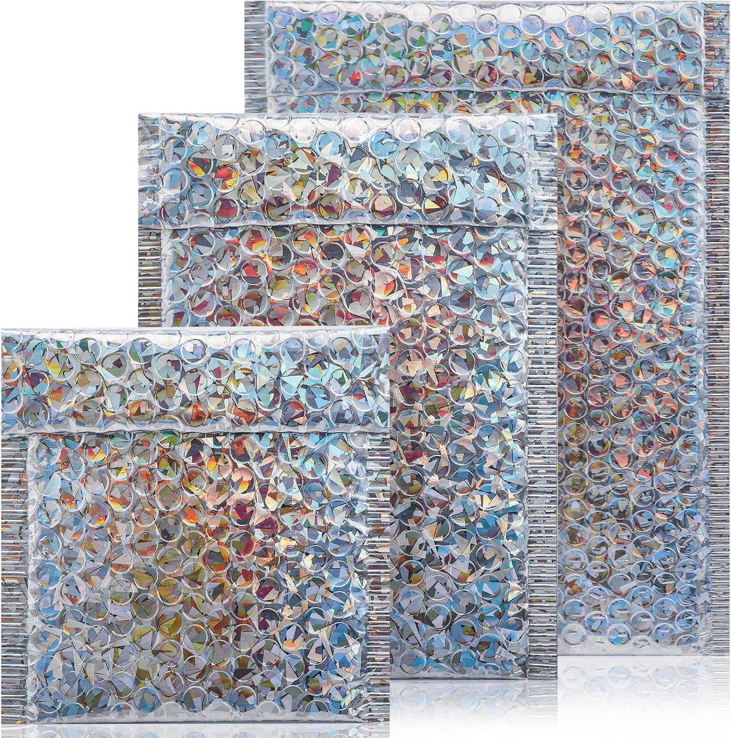 50 Pieces Holographic Bubble Mailers,3 Sizes Metallic Bubble Mailers,Sliver Foil Glitter Padded Envelopes,Self Sealing Waterproof Shipping Bags,Cushion Envelopes for Mailing Packing
