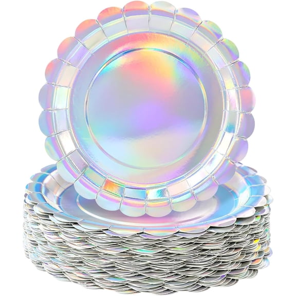 50 Pieces Iridescent Paper Plates 9 Inch Iridescent Scalloped Plates Disposable Dinner Plate for Wedding Baby Shower Birthday Party Dessert Plate