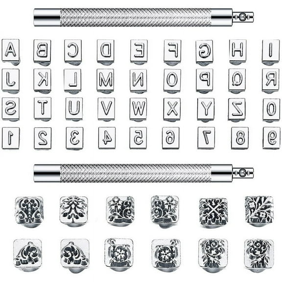 50 Pieces Letters and Numbers Stamp Set 6Mm Alphabet Leather Punch Metal Floral Pattern Stamp Tools with Handle