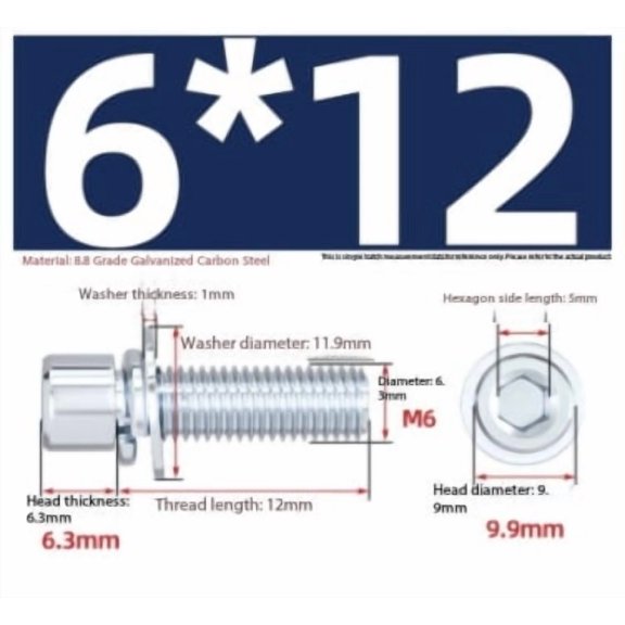 50 Pieces M6 Galvanized Hexagonal Triple-Head Screws with Washers - Durable 8.8 Grade Steel Fasteners