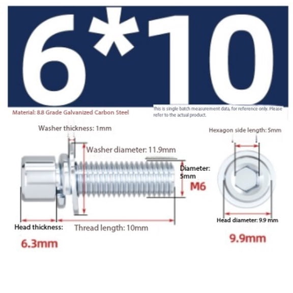 50 Pieces M6 Galvanized Hexagonal Triple-Head Screws with Washers - Durable 8.8 Grade Steel Fasteners