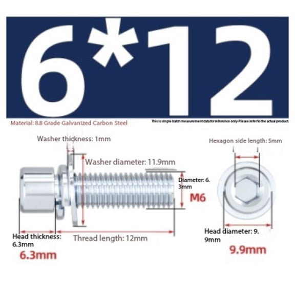 50 Pieces M6 Galvanized Hexagonal Triple-Head Screws with Washers - Durable 8.8 Grade Steel Fasteners