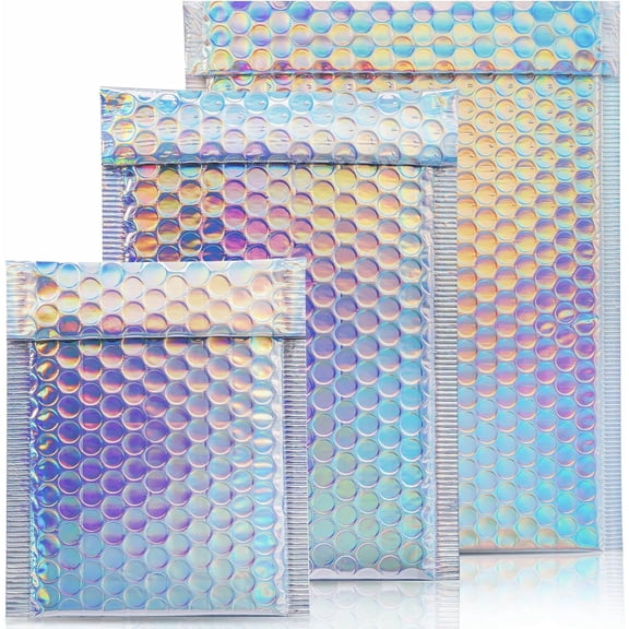 50 Pieces Metallic Bubble Mailers,3 Sizes Holographic Bubble Mailers, Rainbow Foil Glitter Padded Envelopes, Self Sealing Waterproof Shipping Bags for Mailing Packaging