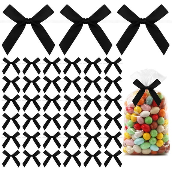 50 Pieces Mini Satin Ribbon Twist Tie Bows, DIY Twist Tie Bows, Crafts Tying Up for Halloween Christmas Wedding Gift Wrapping Candy Treat Bags Decoration