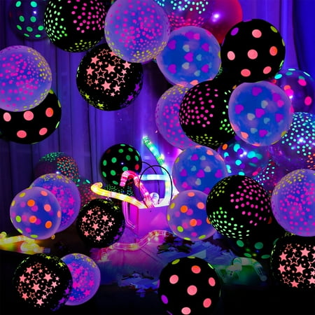 Neon Latex Balloons Glow in Dark Blacklight Party Decor, Polka Dots UV Reactive Balloons for Birthday Wedding Arch Theme Decoration (50-Pack)