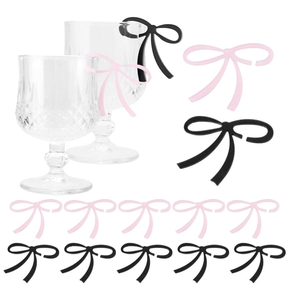 50 Pieces Pink and Black Bow Drink Tags, Acrylic Bow Drink Markers, Bowknot Wine Glass Charms for Wedding Beach Cocktail Tasting Party Decor Accessories