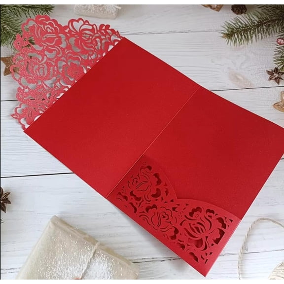 50 Pieces Red Shimmer Rose Floral Laser Cut Paper Invitation Card For Wedding Quinceanera Invitation Jacket