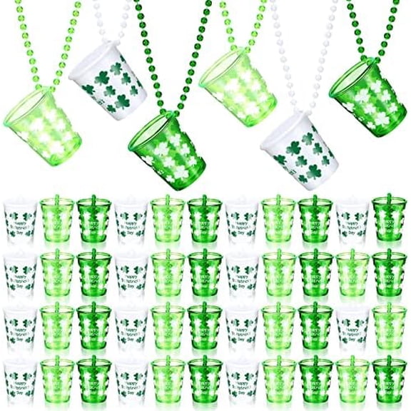 50 Pieces St. Patrick's Day Shot Glass on Beaded Shamrock Plastic Shot Cup Necklace White Green Glass Necklaces for Festival Parade Bachelorette Wedding Birthday Party Favors