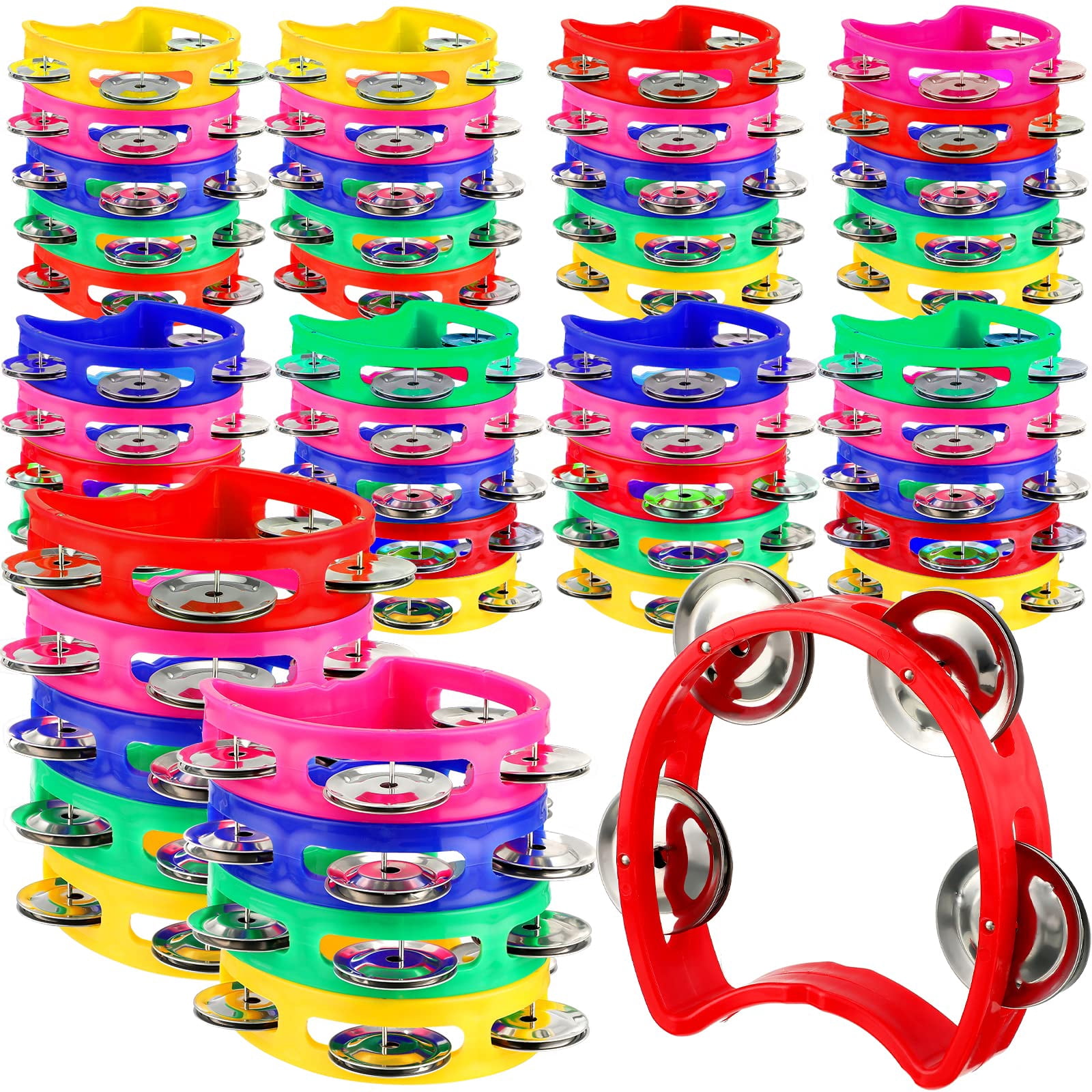 50 Pieces Tambourine Bulk For Kids Adults 4 Bells Colored Noise Makers Tambourines Musical Rhythm Instrument Set Church Worship Toddler Students Music End Of School Year Gifts