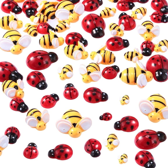 50 Pieces Tiny Resin Bees Ladybugs, Including 25 Pieces Tiny Resin and 25 Pieces Ladybugs for Crafts Wreath Scrapbooking DIY Party Decoration (0.98 Inch, 0.74 Inch, 0.51 Inch)