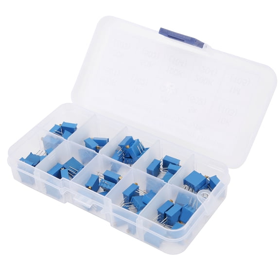 50 Pieces Variable Resistor Kit, 3296W Multiturn Trimmer Potentiometer Set, 10 Values (100 Ohms to 1M Ohms) Adjustable Resistance Assortment for Breadboard and PCB Projects
