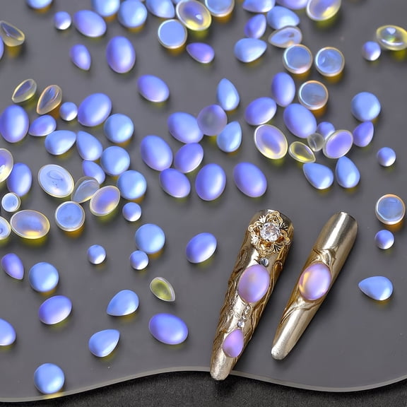 50 Pieces Violet Blue Frosted Glass Nail Charms - Teardrop & Round Rhinestones for Nail Art Decorations