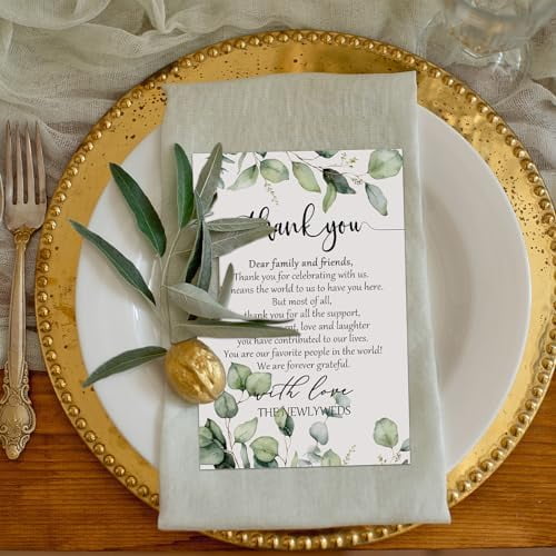 50 Pieces Wedding Thank You Cards Thank You Place Setting Wedding Greenery Place Cards 4 x 6 Inches for Party Reception Rehearsal Dinner Bridal Shower (Eucalyptus)