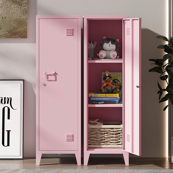 50" Pink Metal Locker Storage Cabinet for Employees Kids Locker with Locking Door and 2 Shelves Tool File Cabinets for Bedroom, Home Office, Garage, Bathroom,School