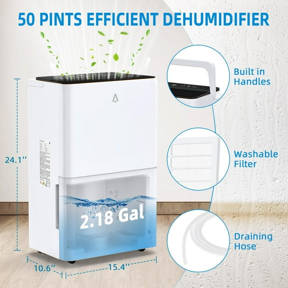 50 Pint Dehumidifier for Home, 4500 Sq.ft Dehumidifier for Basement and Bedroom with Drain Hose & Water Tank, Smart Humidity Control & Display, for Home Large Room Bedroom Bathroom