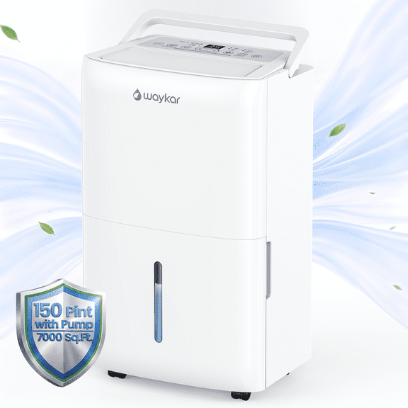 Waykar 150 Pint Dehumidifier with Pump for Basement & Home, Auto Defrost for Cold Winter, No Daily Tank Emptying, 7,000 Sq. Ft., Continuous Drain (50 Pint DOE)