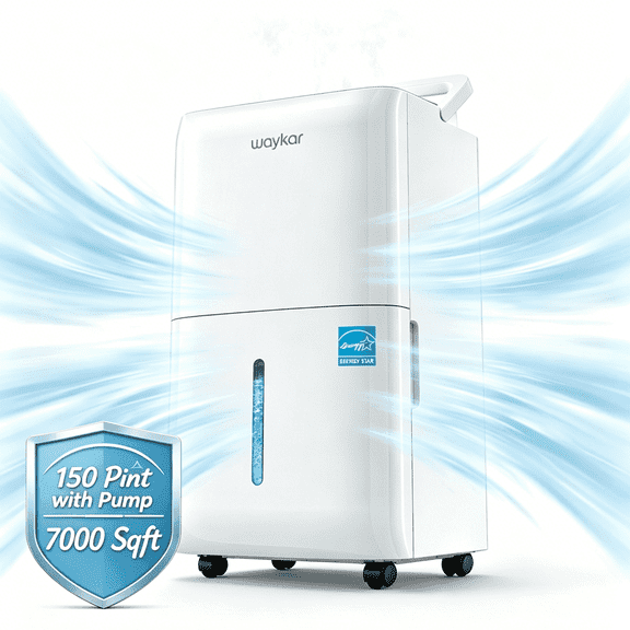 Waykar 150 Pint Dehumidifier with Built-in Pump, No Daily Emptying for 7,000 Sq. Ft., Continuous Drain, Auto Defrost, 50 Pint DOE Energy Star
